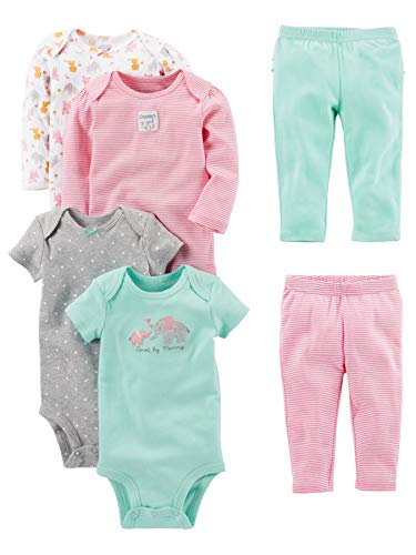 Simple Joys by Carter's Baby Girls' 6-Piece Bodysuits (Short and Long Sleeve) and Pants Set, Aqua Green Elephant/Grey Dots/Pink Stripe/White Forest Animals, 3-6 Months