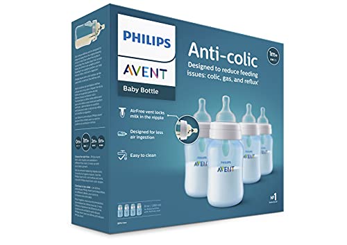 Philips AVENT Biberón anticólicos con ventilación AirFree, 9 oz, paquete de 4, azul, SCY703/24