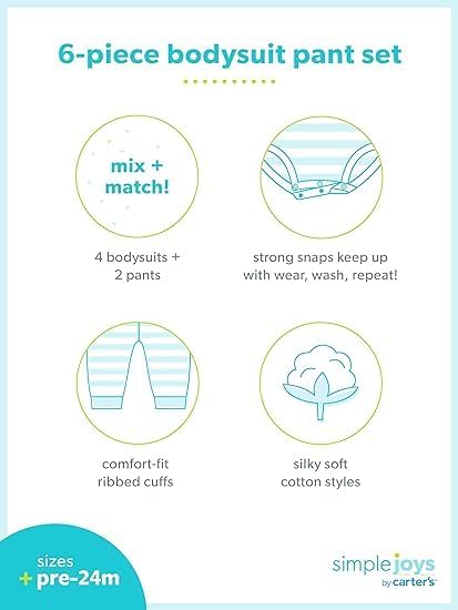 Simple Joys by Carter's Baby Boys' 6-Piece Bodysuits (Short and Long Sleeve) and Pants Set, Grey/Mint Green/Elephant/Lamb, 0-3 Months