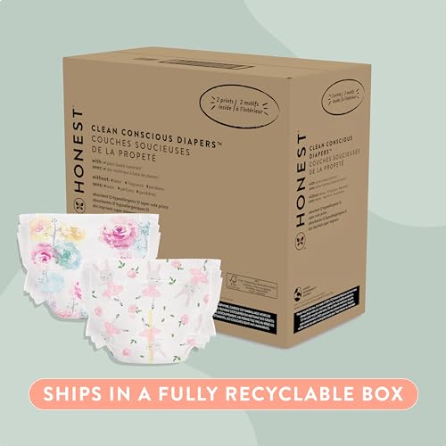 The Honest Company Clean Conscious Diapers | Plant-Based, Sustainable | Rose Blossom + Tutu Cute | Super Club Box, Size 1 (8-14 lbs), 136 Count