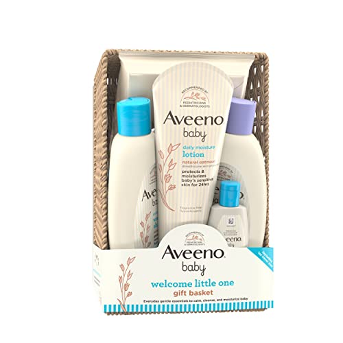Aveeno Baby Welcome Little One Cesta de regalo, juego de cuidado de la piel para bebé con gel de baño y champú para bebé, gel de baño calmante, toallitas para todo el bebé y loción hidratante diaria, 5 artículos