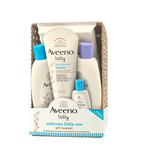 Aveeno Baby Welcome Little One Cesta de regalo, juego de cuidado de la piel para bebé con gel de baño y champú para bebé, gel de baño calmante, toallitas para todo el bebé y loción hidratante diaria, 5 artículos