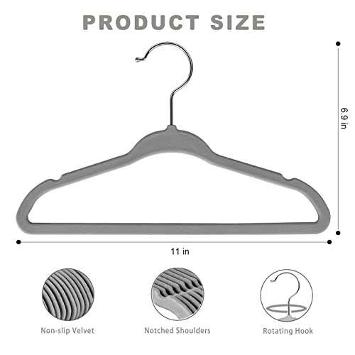 BAGAIL Kids Velvet Hangers 11 Inches Children's Clothes Hangers Non-Slip Baby Hangers for Infant/Toddler (Grey,50pack)