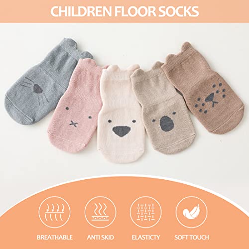 TRUEHAN 5 Pairs Toddler Non Slip Socks with Grips Baby Socks for Kids Girls Boys （5 Pairs Animal A，6-12 months）