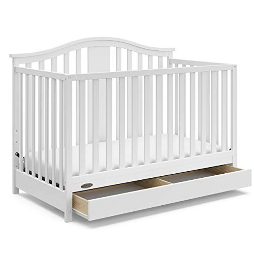 Combinación de cuna convertible 4 en 1 con cajón Graco Solano (blanco) - Certificación GREENGUARD Gold, incluye cajón de almacenamiento de tamaño completo para guardería, se convierte en cama para niños pequeños y cama de tamaño completo