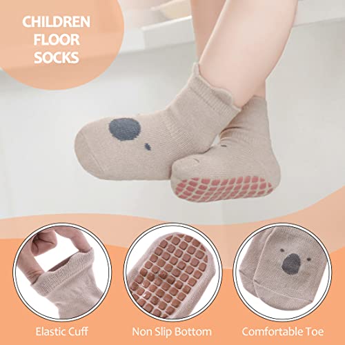 TRUEHAN 5 Pairs Toddler Non Slip Socks with Grips Baby Socks for Kids Girls Boys （5 Pairs Animal A，6-12 months）