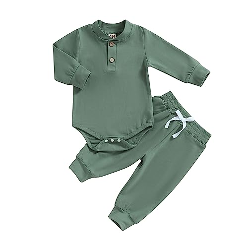 Newborn Baby Boy Girl Clothes Ribbed Knitted Long Sleeve Romper Pants Solid Cotton Infant Fall Winter Outfits 2Pcs (Solid Green, 12-18 Months)