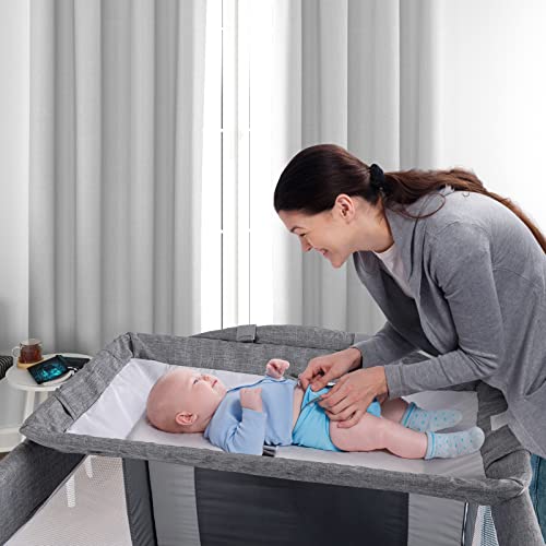 Cuna para bebé 5 en 1, moisés para bebé, cunas junto a la cama, paquete y juego con moisés y cambiador, parque portátil de viaje para bebés con juguetes para moisés y caja de música, colchón para niña, niño, recién nacido (gris)
