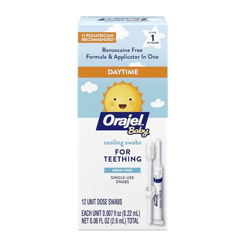 Orajel Baby Daytime Cooling Swabs for Teething, Drug-Free, 1 Pediatrician Recommended Brand for Teething*, 12 Swabs (Packing May Vary)