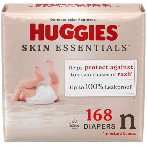 Pañales para recién nacidos Huggies Size, pañales para bebés Skin Essentials, tamaño recién nacido (6-9 lbs), 168 unidades