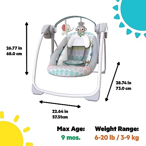 Bright Starts Columpio portátil automático para bebés de 6 velocidades con velocidad adaptable, etiquetas, música, barra de juguetes extraíble, 0-9 meses 6-20 lbs (Whimsical Wild)