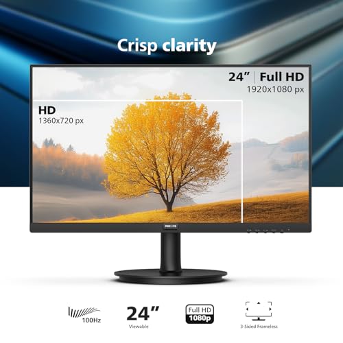 PHILIPS 24 inch Frameless Full HD (1920 x 1080) 100Hz Monitor, VESA, HDMI x1, VGA Port x1, Eye Care, 4 Year Advance Replacement Warranty, 241V8LB