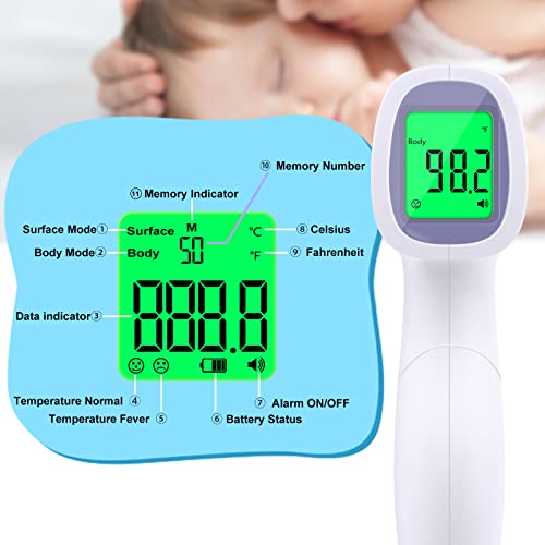Termómetro digital para adultos y niños, termómetro de frente sin contacto para bebé, termómetro infrarrojo 2 en 1 en modo de superficie corporal con alarma de fiebre y lecturas de precisión instantáneas