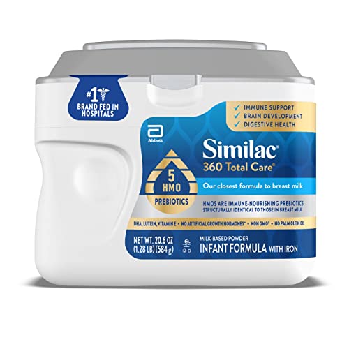 Fórmula infantil Similac 360 Total Care con 5 prebióticos HMO, nuestra fórmula más cercana a la leche materna, sin OGM, fórmula para bebés en polvo, bote de 20.6 oz