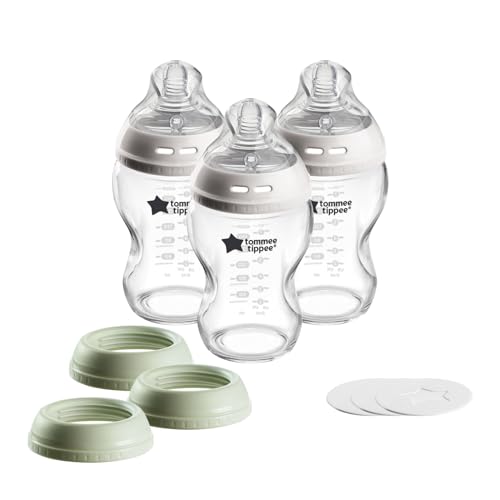 Tommee Tippee Natural Start 3 Uses Glass Baby Bottle, Cup or Jar Set, 9oz, Slow Flow Breast-Like Nipple for a Natural Latch, Leakproof Travel Food Jar Lids