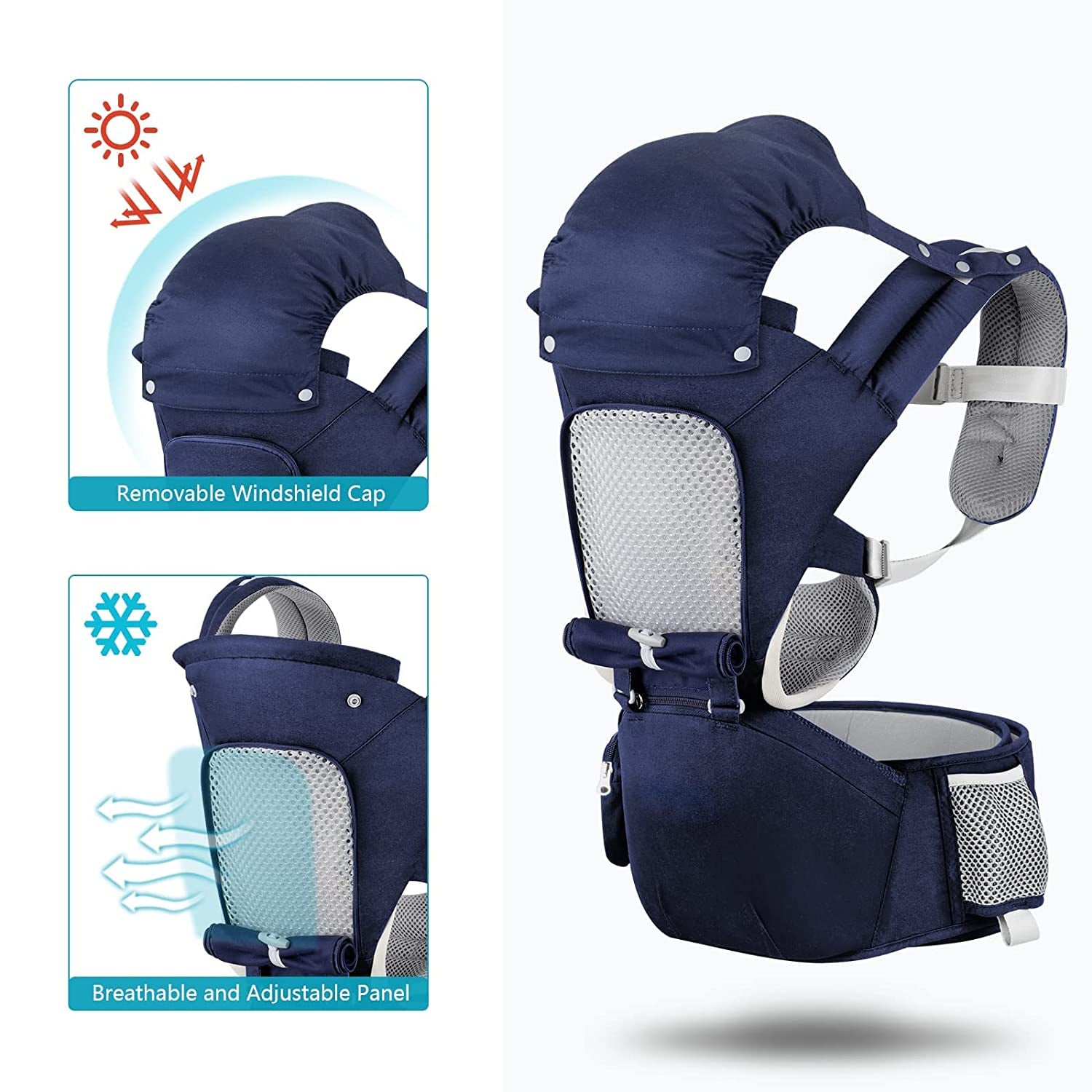 Baby Carrier Newborn to Toddler with Hip Seat 6-In-1 Ergonomic All Positions Infant Carrier Soft Baby Holder Carrier with Hood for All Seasons