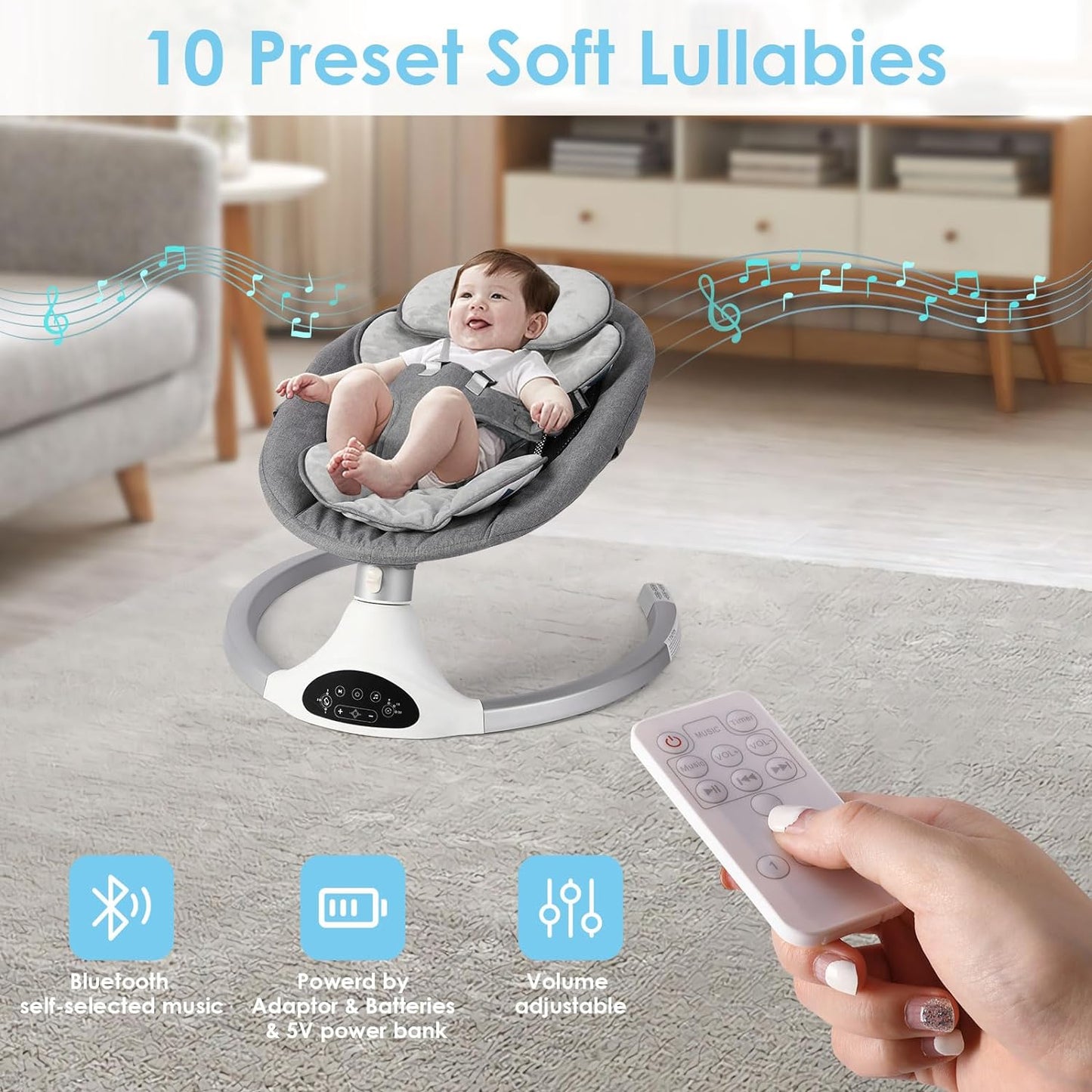 Baby Swing for Infants, Baby Rocker with 5 Point Harness, Bluetooth Support, 10 Preset Lullabies and 3 Speeds with Remote Control, Infant Swing for Baby Boy Girl up to 20 Lbs, Grey
