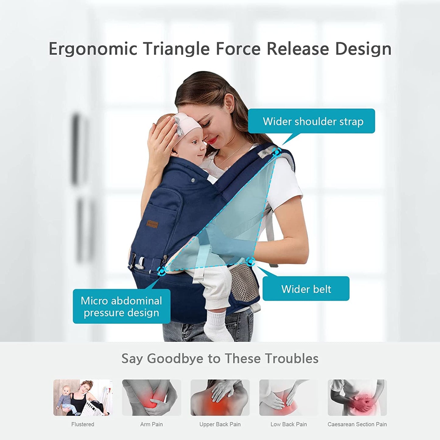 Baby Carrier Newborn to Toddler with Hip Seat 6-In-1 Ergonomic All Positions Infant Carrier Soft Baby Holder Carrier with Hood for All Seasons