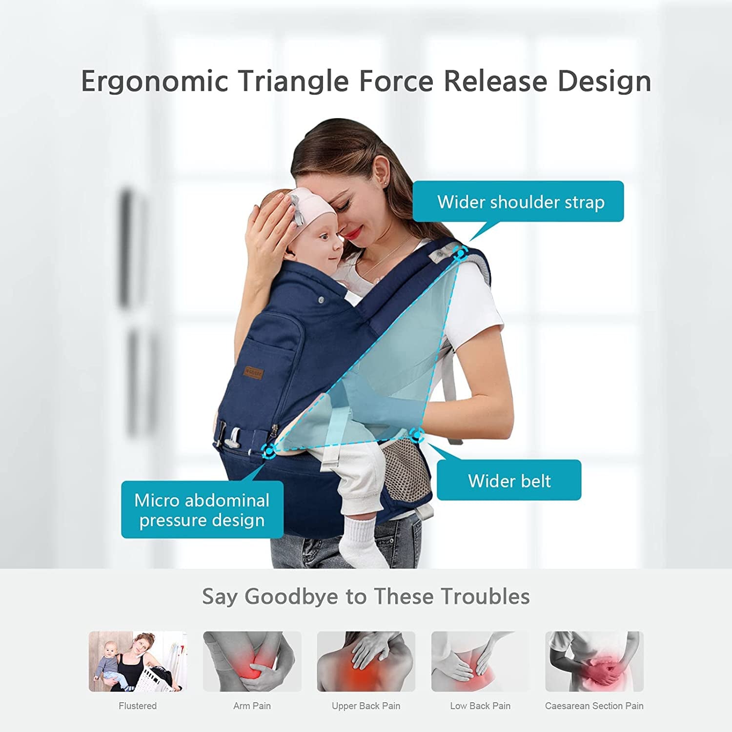 Baby Carrier Newborn to Toddler with Hip Seat 6-In-1 Ergonomic All Positions Infant Carrier Soft Baby Holder Carrier with Hood for All Seasons