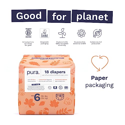 Pura Size 6 Eco-Friendly Diapers (29+ lbs) Hypoallergenic, Soft Organic Cotton, Sustainable, up to 12 Hours Leak Protection, Allergy UK, Recyclable Paper Packaging, 3 Packs of 18 Diapers (54 Diapers)