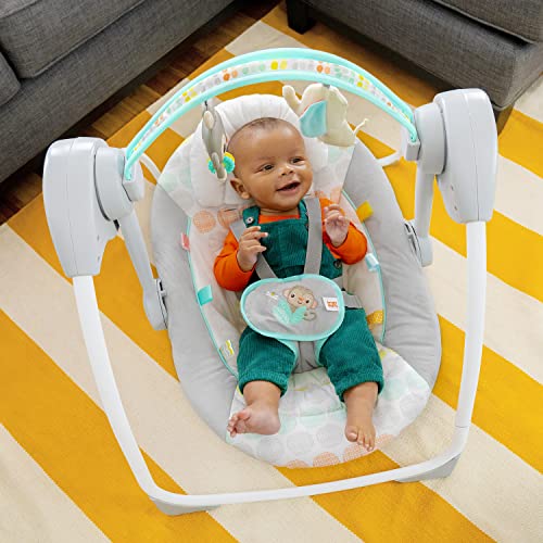 Bright Starts Columpio portátil automático para bebés de 6 velocidades con velocidad adaptable, etiquetas, música, barra de juguetes extraíble, 0-9 meses 6-20 lbs (Whimsical Wild)