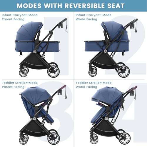 Comiga Baby Stroller Bassinet 3 in 1 Newborn Infant Toddler,Convertible Adaptable Portable Foldable Strollers,One Hand Fold, Reversible Seat,Extra Storage