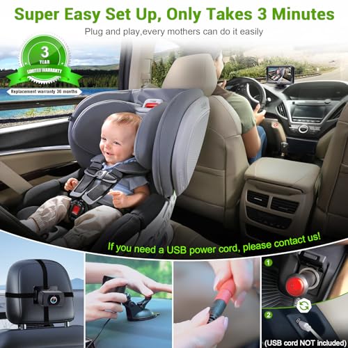 Baby Car Camera Ease Installation: Eye Protection Clear Night Vision 360° Rotation Rear Facing Baby Car Mirror for 2 Kids HD 1080P 150° Wide View Stability Backseat Camera with Monitor -Rohent N06