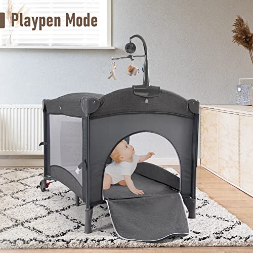 Cuna para bebé 5 en 1, moisés para bebé, cunas junto a la cama, paquete y juego con moisés y cambiador, parque portátil de viaje para bebés con juguetes para moisés y caja de música, colchón para niña, niño, recién nacido (gris)
