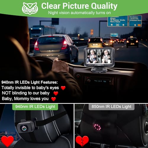 Baby Car Camera Ease Installation: Eye Protection Clear Night Vision 360° Rotation Rear Facing Baby Car Mirror for 2 Kids HD 1080P 150° Wide View Stability Backseat Camera with Monitor -Rohent N06