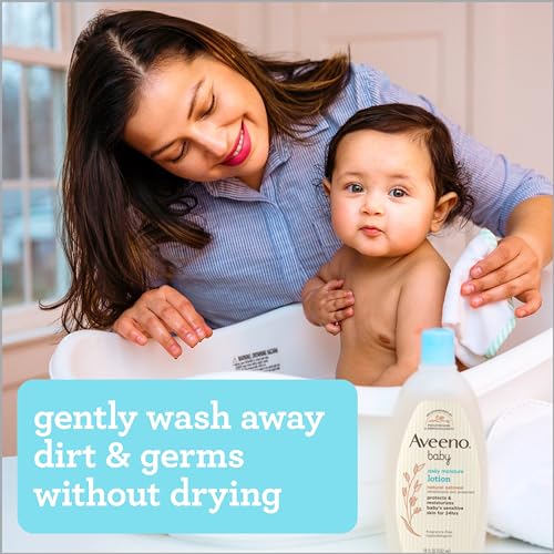 Aveeno Baby Daily Moisture gel de baño y champú suave con extracto de avena, champú para el cabello y baño para bebés 2 en 1, sin desgarros ni parabenos para cabello y piel sensible, ligeramente perfumado, 12 fl. onz