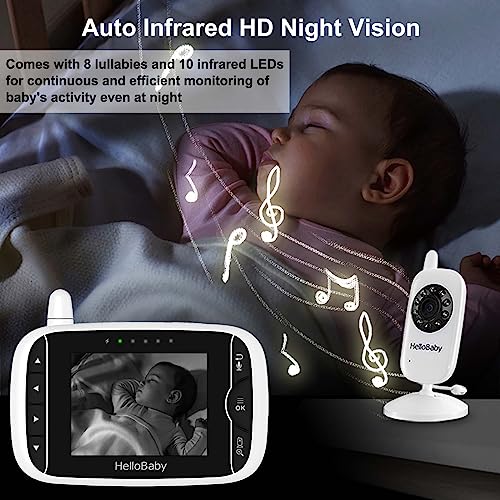 Video Baby Monitor with Camera and Audio, 3.2Inch LCD Display, Infrared Night Vision, Two-Way Audio and Room Temperature Monitoring,Lullaby,Sound Activated Screen