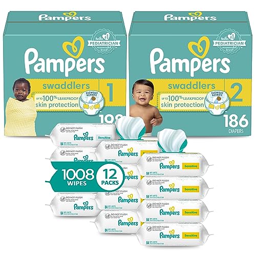 Pampers Kit de iniciación de pañales y toallitas para bebé, pañales desechables, tamaños 1 (198 unidades) y 2 (186 unidades) con base de agua sensible, paquete múltiple de 12 recambios Pop-Top (1008 unidades)