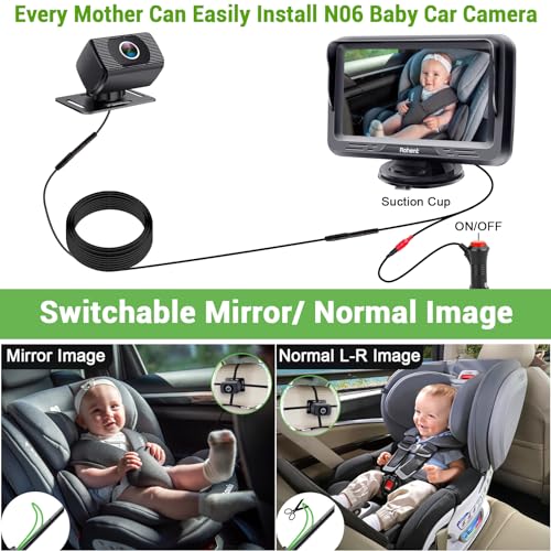 Baby Car Camera Ease Installation: Eye Protection Clear Night Vision 360° Rotation Rear Facing Baby Car Mirror for 2 Kids HD 1080P 150° Wide View Stability Backseat Camera with Monitor -Rohent N06