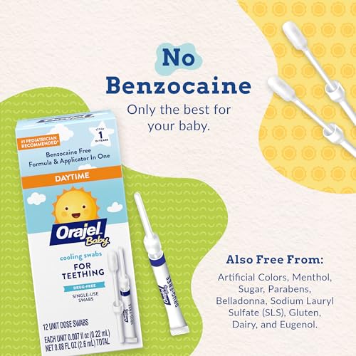 Orajel Baby Daytime Cooling Swabs for Teething, Drug-Free, 1 Pediatrician Recommended Brand for Teething*, 12 Swabs (Packing May Vary)