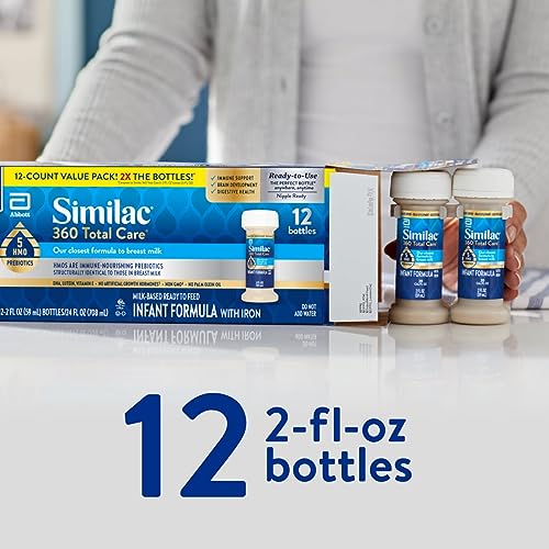 Similac 360 Total Care Infant Formula, Has 5 HMO Prebiotics, Our Closest Prebiotic Blend to Breast Milk, Non-GMO,‡ Baby Formula, Ready to Feed, 2-fl-oz Bottle, Pack of 12