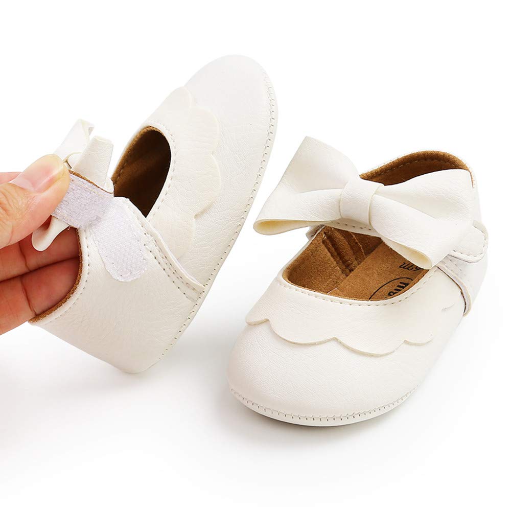 LAFEGEN Baby Girls Mary Jane Flats with Bownot Non Slip Soft Sole PU Leather Newborn Infant Toddler First Walker Cirb Dress Shoes, 6-12 Months Infant, 07 White