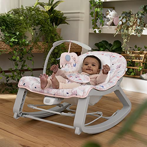 Ingenuity Keep Cozy 3 en 1 Grow with Me Asiento vibratorio para bebé y balancín para bebés a niños pequeños, vibraciones y barra de juguetes, 0-30 meses hasta 40 lbs (Ráfaga rosa)