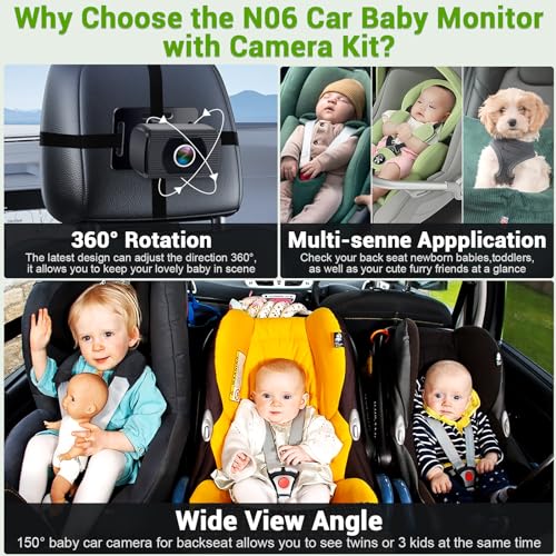 Baby Car Camera Ease Installation: Eye Protection Clear Night Vision 360° Rotation Rear Facing Baby Car Mirror for 2 Kids HD 1080P 150° Wide View Stability Backseat Camera with Monitor -Rohent N06