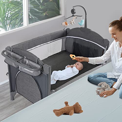 Cuna para bebé 5 en 1, moisés para bebé, cunas junto a la cama, paquete y juego con moisés y cambiador, parque portátil de viaje para bebés con juguetes para moisés y caja de música, colchón para niña, niño, recién nacido (gris)