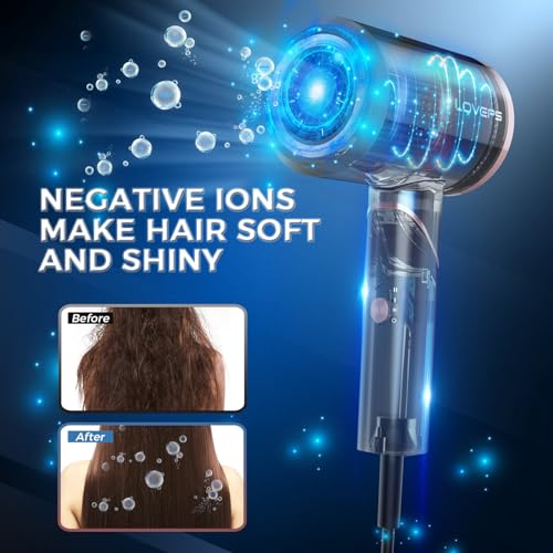 LOVEPS Hair Blow Dryer with Diffuser, 1800W Ionic Blow Dryer, Foldable Handle Travel Hair Dryer, Constant Temperature Hair Care without Hair Damage, Rose Gold