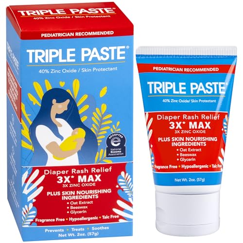 Triple Paste 3X Max Diaper Rash Ointment, Maximum Strength Zinc Oxide Ointment for Severe Diaper Rash, 2 oz Tube