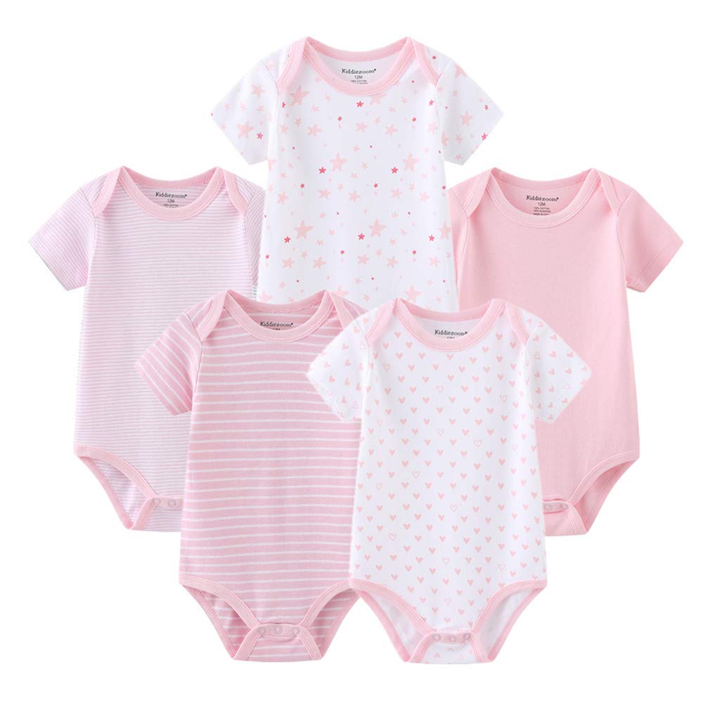 Kiddiezoom Baby Girls Bodysuit Newborn Short Sleeve Bodysuit Cotton 5-Pack One-Piece Bodysuit