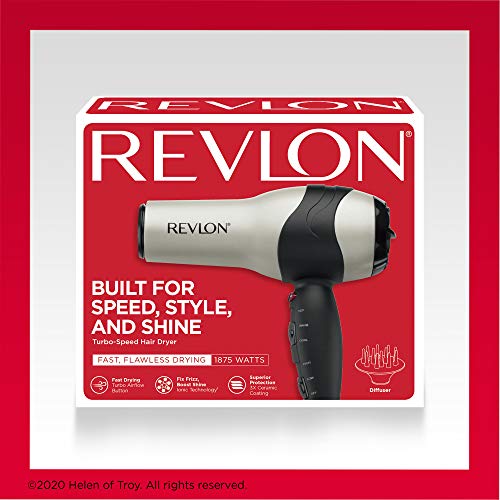 REVLON Turbo Hair Dryer with Advanced Ionic Technology, Ceramic Coating | Turbo Heat and Cold Shot Features, 1875 Watts for Fast Drying and Shine (Silver)