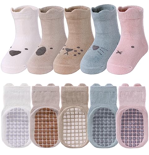 TRUEHAN 5 Pairs Toddler Non Slip Socks with Grips Baby Socks for Kids Girls Boys （5 Pairs Animal A，6-12 months）