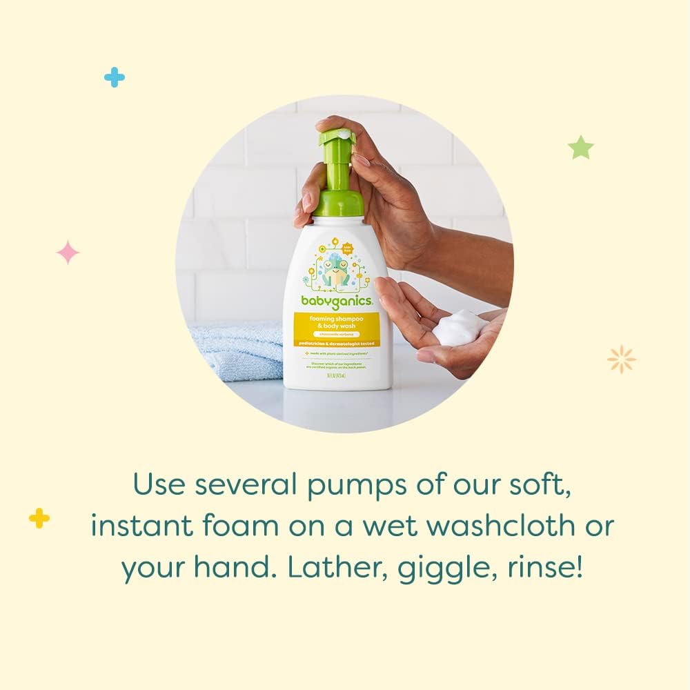 Babyganics Champú para bebé + biberón con bomba de gel de baño, manzanilla verbena, hipoalergénico y sin desgarros, 16 onzas líquidas (paquete de 3), el embalaje puede variar