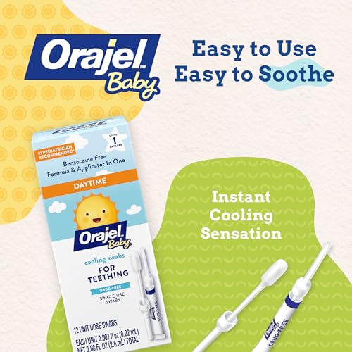 Orajel Baby Daytime Cooling Swabs for Teething, Drug-Free, 1 Pediatrician Recommended Brand for Teething*, 12 Swabs (Packing May Vary)