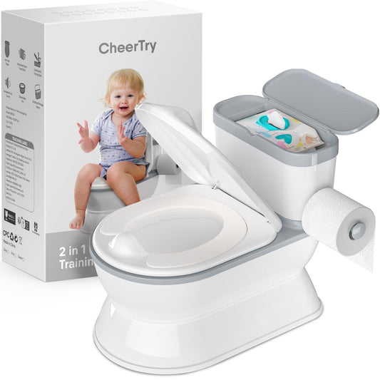 2-In-1 Toddler Potty Training Toilet - Larger Potty Chair & Detachable Training Seat for Boys & Girls Ages 1-3 with Flushing Sound, Wipes Storage, Toilet Paper Holder - Grey