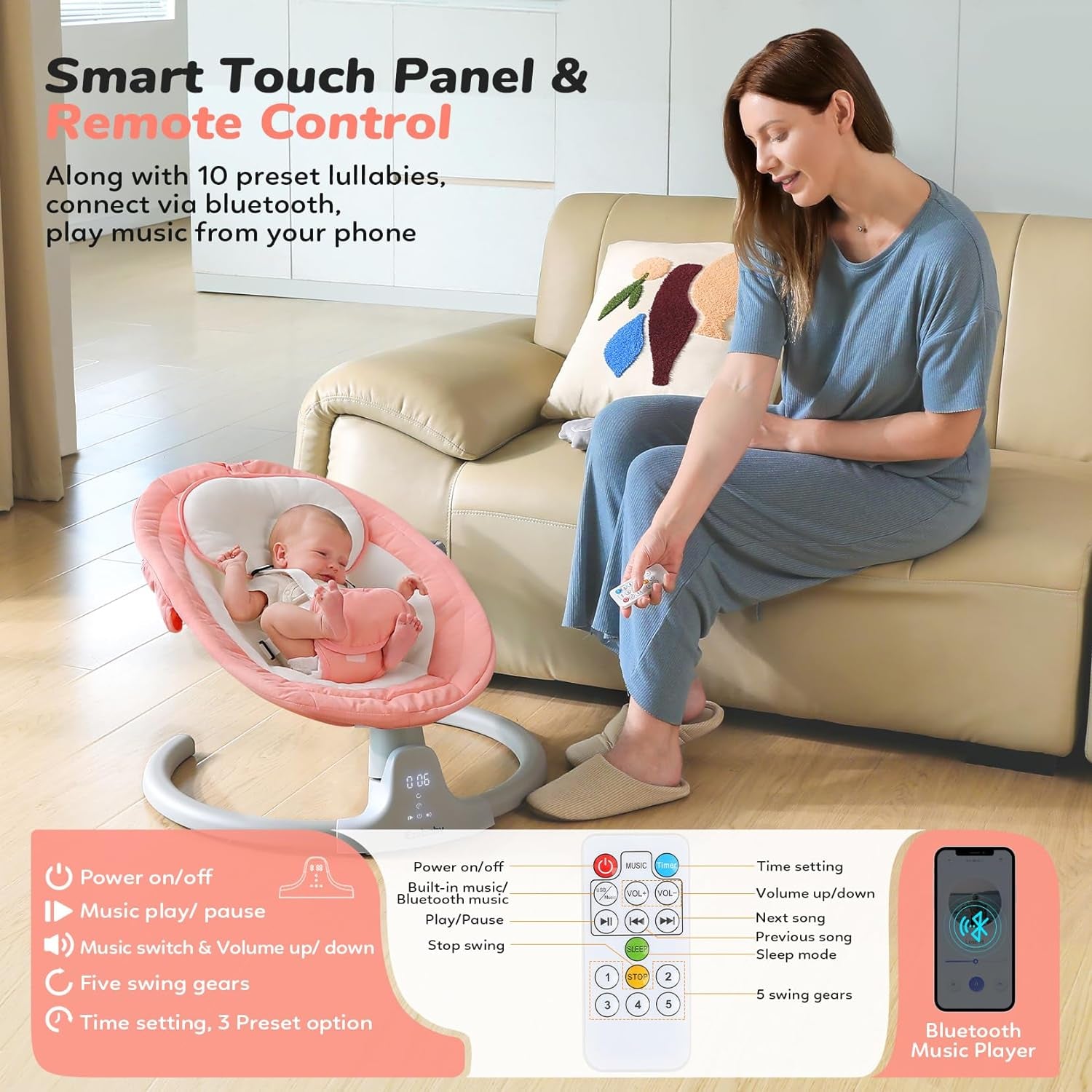 Baby Swing for Newborn Portable Infant Swings, with Remote Control, 5 Swing Amplitudes, 3 Seat Positions, 5 Point Harness Belt, Preset Lullabies -Baby Swings for Infants 0-6 Month Pink