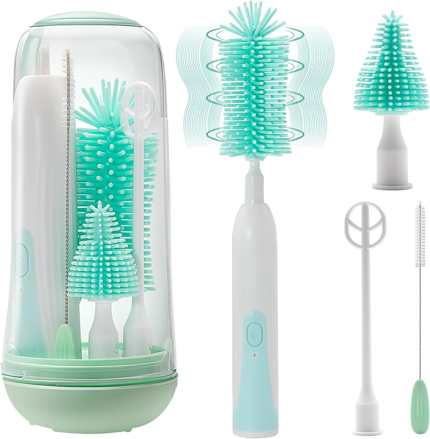 Electric Bottle Brush Cleaner, Rechargable Electric Baby Bottle Brush for Travel, Waterproof Electric Bottle Cleaner Set with Nipple & Straw Brush, Perfect Essentials Gift for Mom after Birth, Green