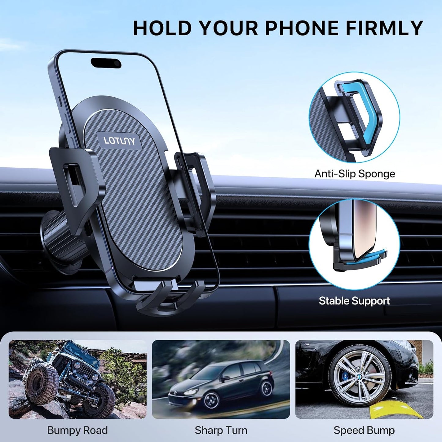Car Phone Holder Mount, [Upgraded Vent Clip Never Fall Off] Universal Phone Holders for Your Car, Hands Free Air Vent Cell Phone Car Mount Compatible with Iphone Samsung and All 4.0-7.0 Inches
